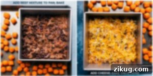 Beef mixture being prepared and baked alongside sweet potato puffs