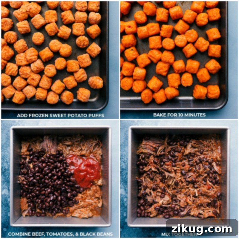 Preparation steps for Deconstructed Beef Totchos Process shots showing sweet potato puffs roasting and beef mixture being prepped