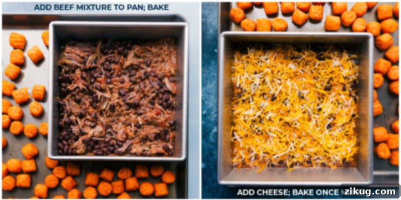 Baking Deconstructed Beef Totchos with cheese Process shots showing the beef mixture baking with puffs and cheese being added