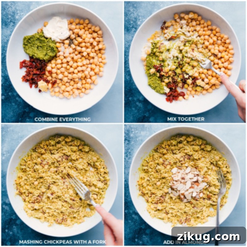 Ingredients In Pesto Chickpea Sandwiches Ingredients in a bowl being mashed with a fork, then almonds added to make pesto chickpea sandwiches.