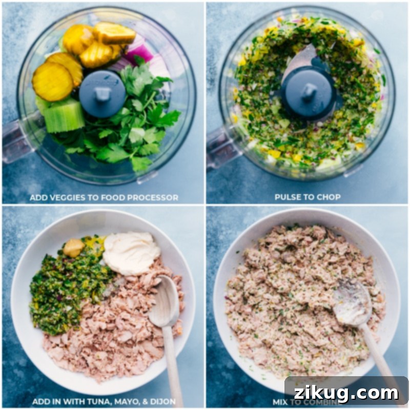 Process shots-- add ingredients to the food processor; pulse to chop; combine with tuna and mayo; mix well. Process shots of preparing the tuna mixture: adding vegetables to food processor, pulsing, then combining with tuna and mayonnaise