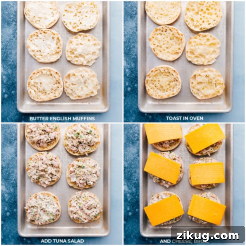 Make Tuna Melts with toasted English muffins, a simple creamy tuna mixture, and lots of melty Cheddar! Recipe via ChelseasMessyApron #dinner #quick #easy #simple #best #cheddar #bread #cheese #tuna #melts Process shots of assembling and broiling tuna melts: buttering English muffins, topping with tuna mixture, adding cheese, and broiling until golden