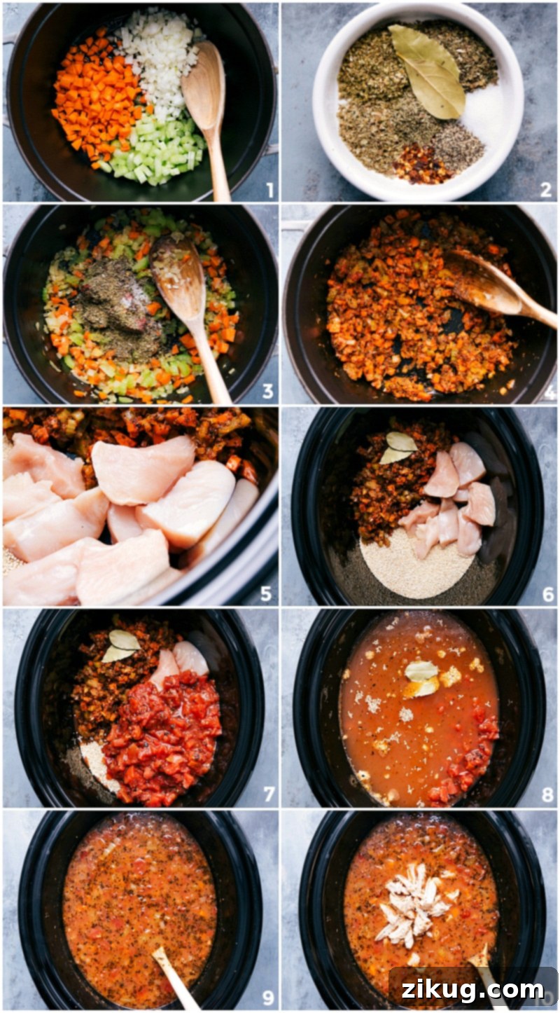 Assembling and Mixing Soup Ingredients in Slow Cooker Fresh ingredients including diced vegetables, raw chicken breast, and uncooked quinoa being added to a crockpot and stirred gently before slow cooking.