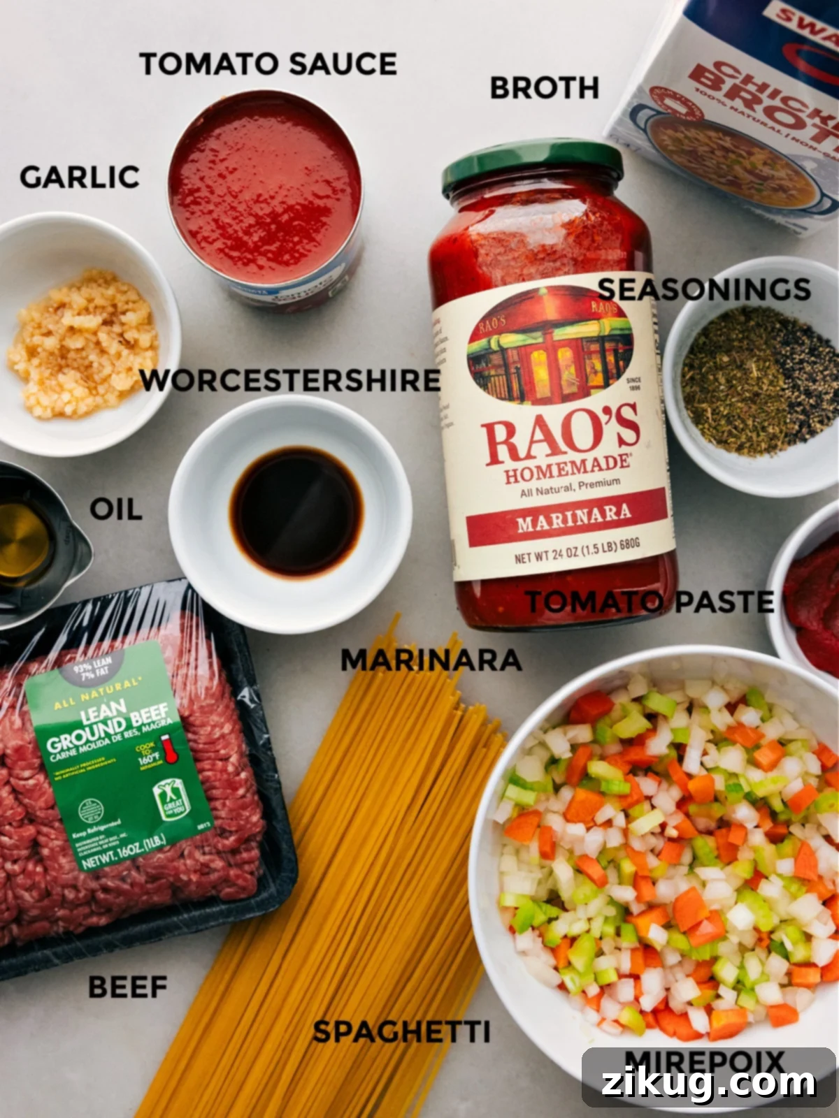 Our Favorite One Pot Spaghetti All the ingredients prepped out for easy assembly of One Pot Spaghetti.