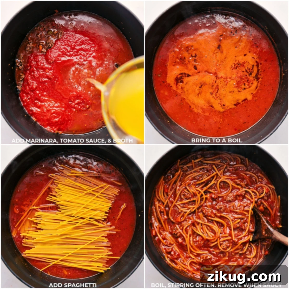 Easy One Pot Spaghetti Marinara, tomato sauce, broth, and the pasta being added to the pot for this recipe.