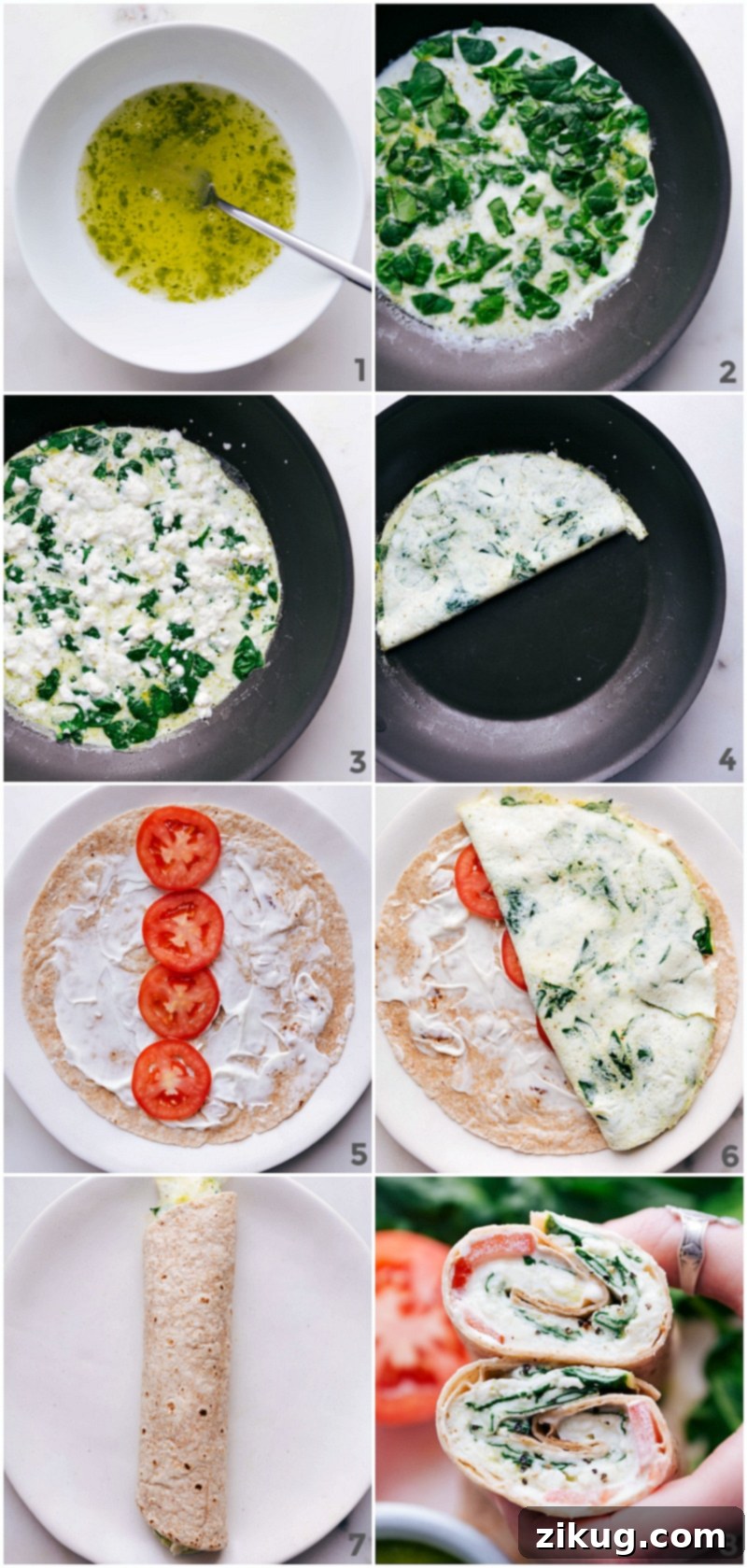 Preparation of egg white wraps: mixing egg whites with pesto, adding spinach, and rolling up in a tortilla.