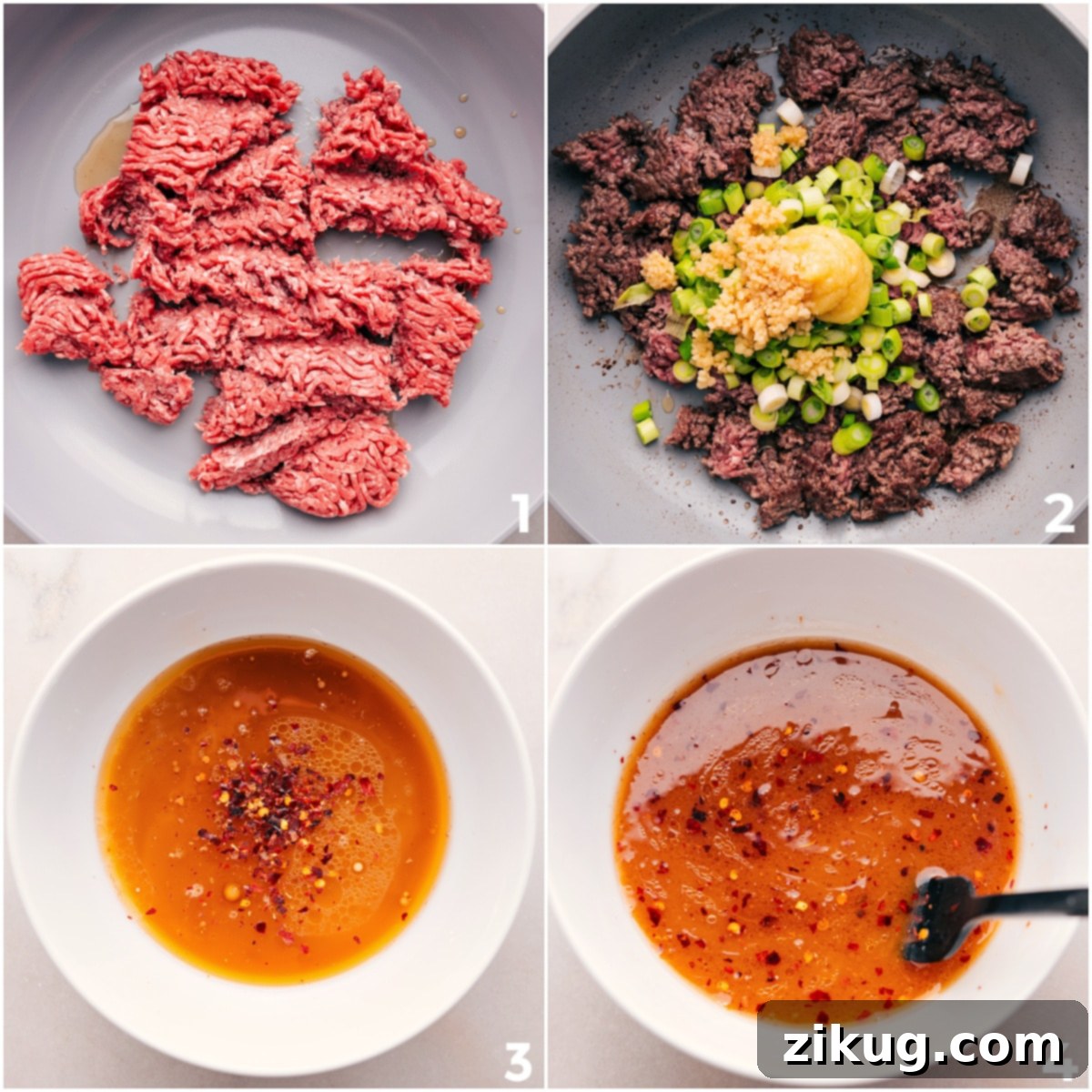 How To Make Mongolian Ground Beef The cooking process showing browned ground beef in a pan, and a separate bowl of stir-fry sauce ingredients being whisked.