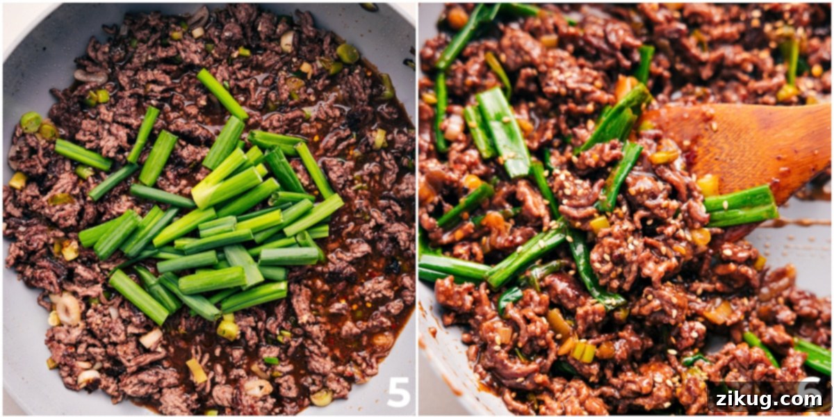 How To Make Mongolian Ground Beef Recipe The finished Mongolian Ground Beef dish in a pot, with fresh green onions being added as a final garnish.