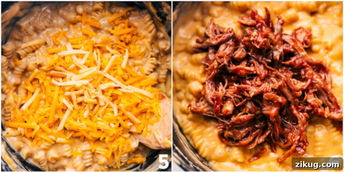 Additional cheese and meat are added to the one-pot dish.