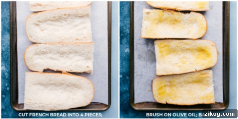 The crucial step: pre-baking French bread for a perfectly crispy taco pizza. French bread slices brushed with olive oil and ready for pre-baking.