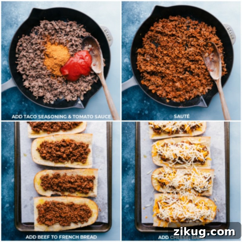 The perfect weeknight dinner: French Bread Taco Pizza, ready for toppings. Assembling French Bread Taco Pizza with seasoned beef, cheese, and baking.