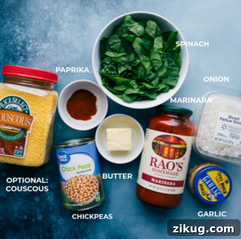 Ingredients for Beans on Toast recipe including chickpeas, spinach, butter, paprika, and marinara sauce.