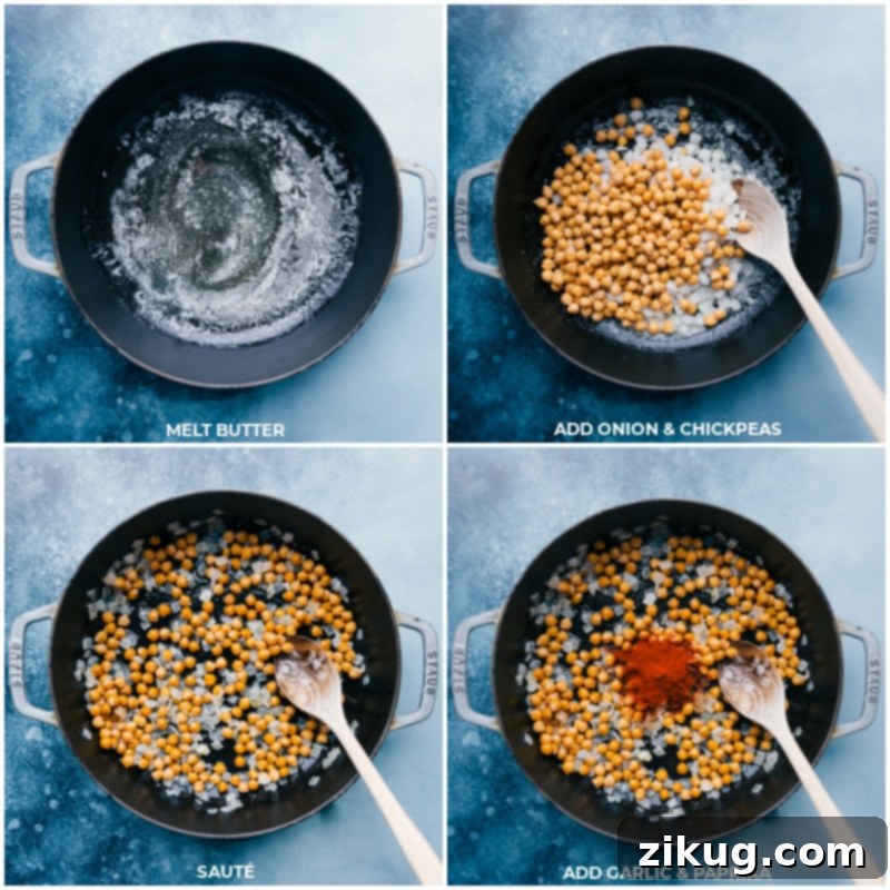 Step-by-step process of cooking Beans on Toast: melting butter, adding onion and chickpeas, sautéing, then adding paprika and garlic.