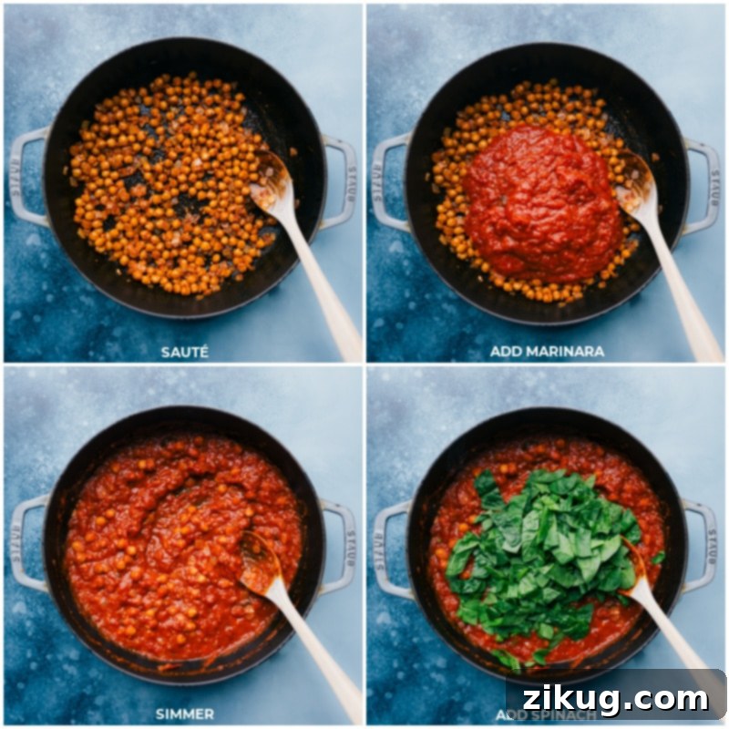 Process shots of sautéing beans, adding marinara, simmering, and finally adding spinach.