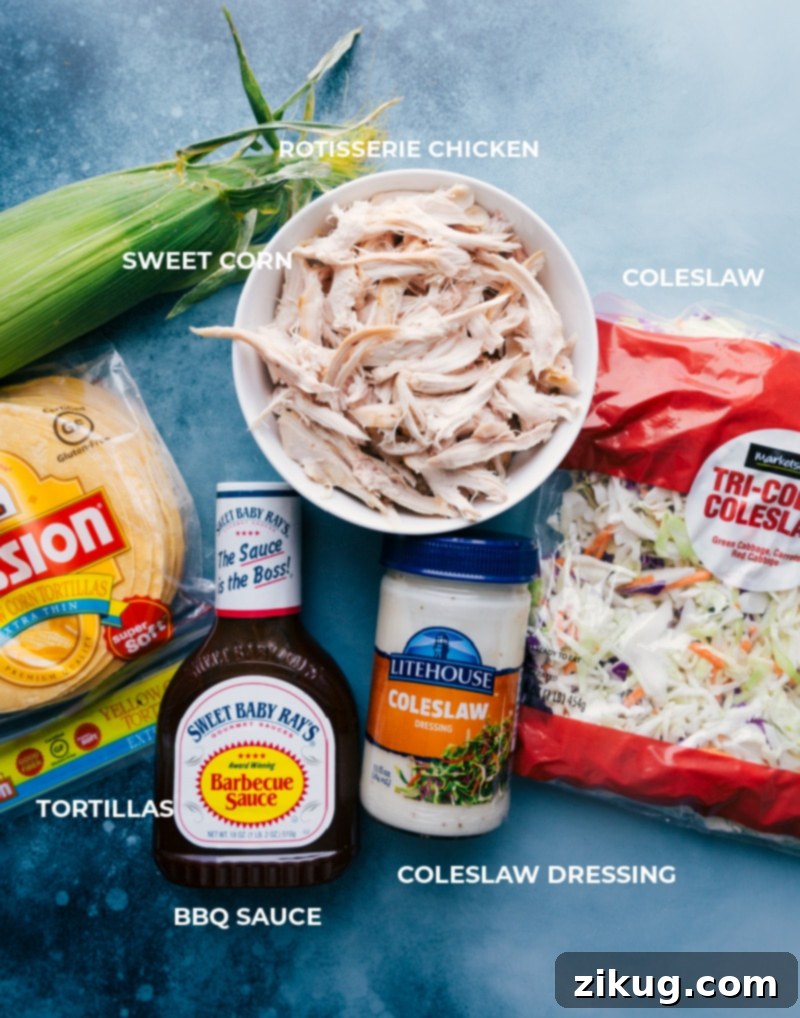 Smoky BBQ Chicken Tacos with Zesty Slaw 3 Assorted ingredients for BBQ Chicken Tacos with Coleslaw, including chicken, BBQ sauce, corn, and slaw mix.