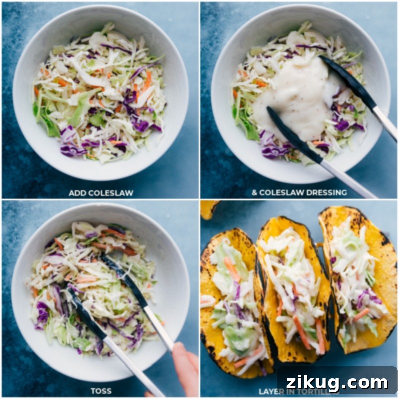 Smoky BBQ Chicken Tacos with Zesty Slaw 4 Process of mixing coleslaw and charring tortillas for tacos.