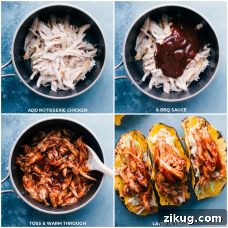 Smoky BBQ Chicken Tacos with Zesty Slaw 5 Warming BBQ chicken in a pan and assembling tacos with coleslaw and corn.