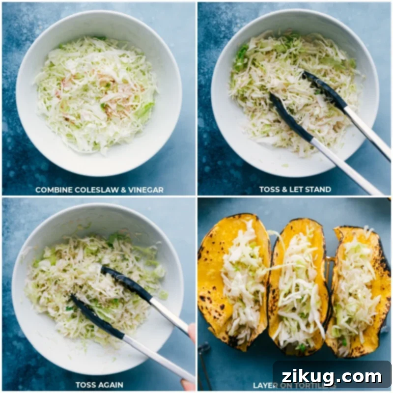 Process shots of Fish Stick Tacos, showing the shredded cabbage being mixed with red wine vinegar for the quick slaw, and then the slaw being layered into corn tortillas.
