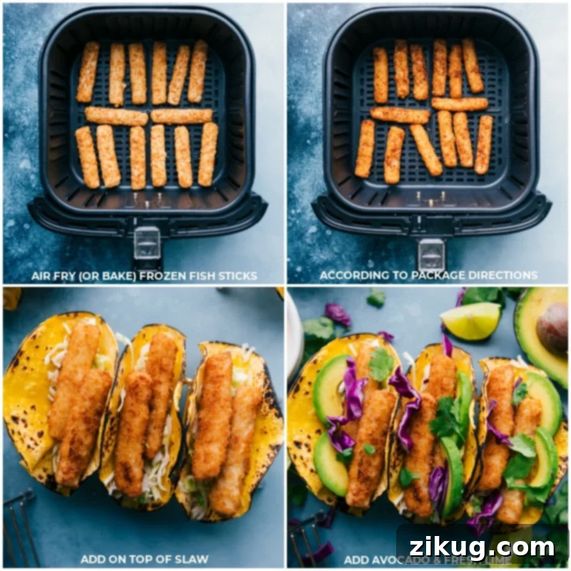 Process shots showing fish sticks being air-fried to a golden crisp, and then being placed on top of the quick slaw inside warm corn tortillas, ready for the final toppings and sauce.