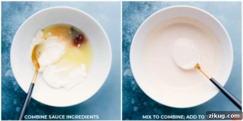 Process shots showing the making of the creamy lime crema sauce, with ingredients like sour cream, mayo, and lime juice being whisked together in a small bowl until smooth.