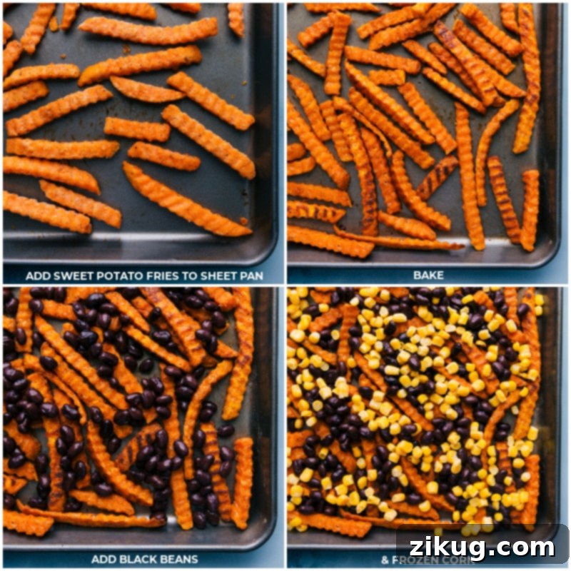 The step-by-step assembly of Sweet Potato Nachos: first, season and roast the sweet potato fries to crispy perfection, then layer with fresh corn, savory black beans, and a generous amount of cheese. The entire pan is then baked until the cheese is bubbling and golden, creating a mouth-watering foundation for additional toppings. A three-panel process image showing the steps: Roasting sweet potato fries on a sheet pan, then adding black beans and corn, and finally topping with cheese before the final bake.