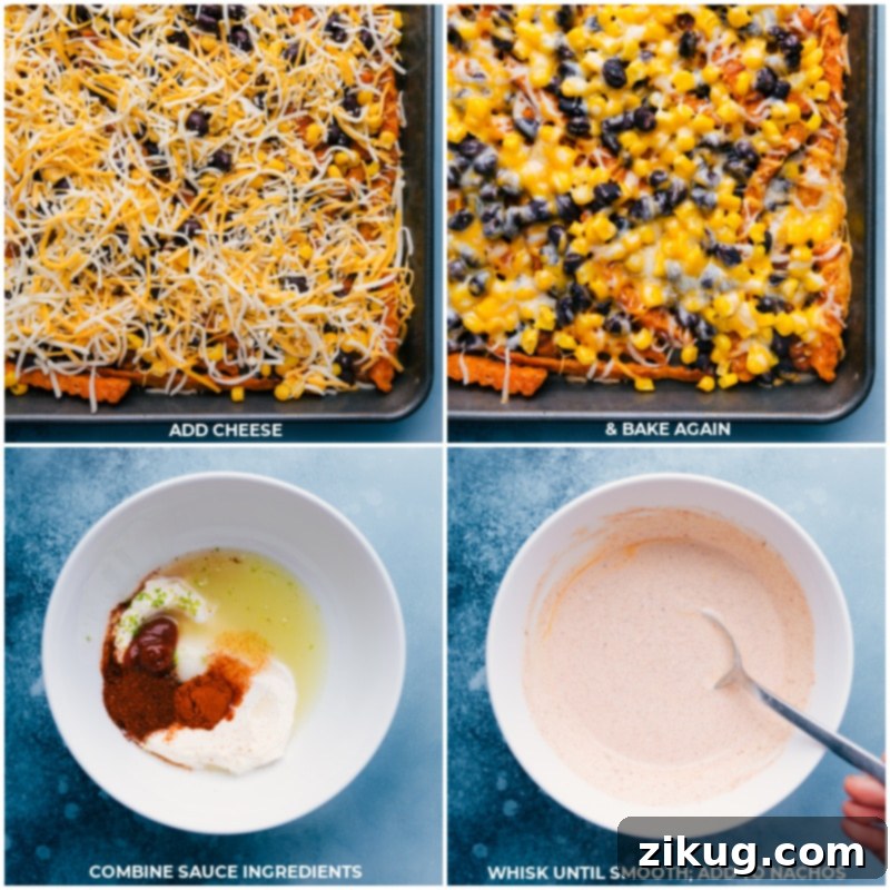 The exciting final stages of preparing Sweet Potato Nachos: layering with cheese and continuing to bake for a perfect melt, while simultaneously creating the signature chili-lime sauce by blending a few simple ingredients in a bowl and stirring until smooth, ensuring all elements are ready for immediate enjoyment. A four-panel process image illustrating the final steps: Adding cheese to the sweet potato fries, baking until melted, preparing the chili-lime sauce by combining ingredients in a bowl, and stirring well until smooth.