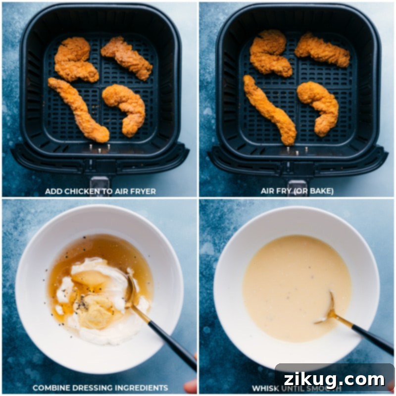 Process shots--cooking the chicken; combining the dressing ingredients; whisking until smooth.