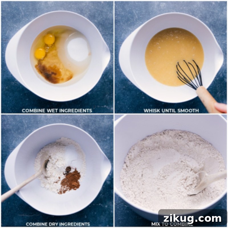 Combining Wet and Dry Ingredients for the Perfect Applesauce Bread Batter Process shots showing wet and dry ingredients being whisked separately, then combined, for making Applesauce Bread.