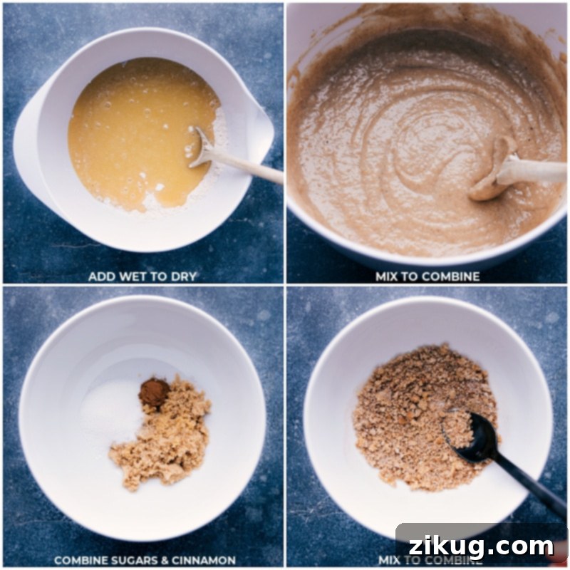 Preparing the Batter and Topping for a Delicious Applesauce Loaf Step-by-step process of mixing ingredients and preparing the sugar topping for homemade Applesauce Bread.