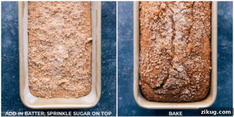 Sprinkling Sugar Topping and Baking for the Perfect Golden Crust Process shots of Applesauce Bread showing the sugar topping being added to the batter and the bread baking in the oven until golden brown.