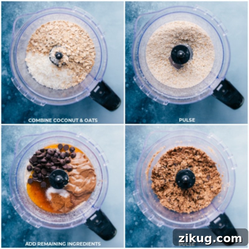 Easy Preparation: How to make Blueberry Energy Bites with simple steps in a food processor. Process shots demonstrating the making of Blueberry Energy Bites in a food processor, showing initial mixing of ingredients.