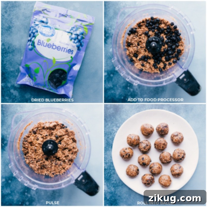 Step-by-step: Incorporating blueberries and forming perfect energy bite balls. Process shots showing the final steps of making Blueberry Energy Bites: adding blueberries, processing briefly, and rolling the mixture into small balls.