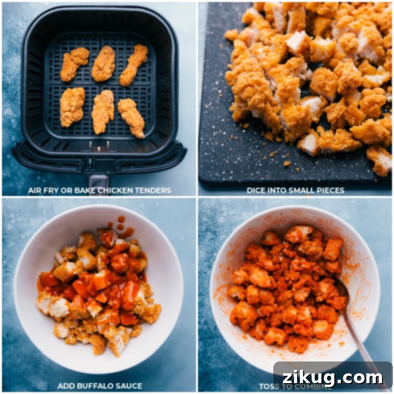 Process shots: frying chicken tenders and tossing them in buffalo sauce for Buffalo Chicken Lettuce Wraps.