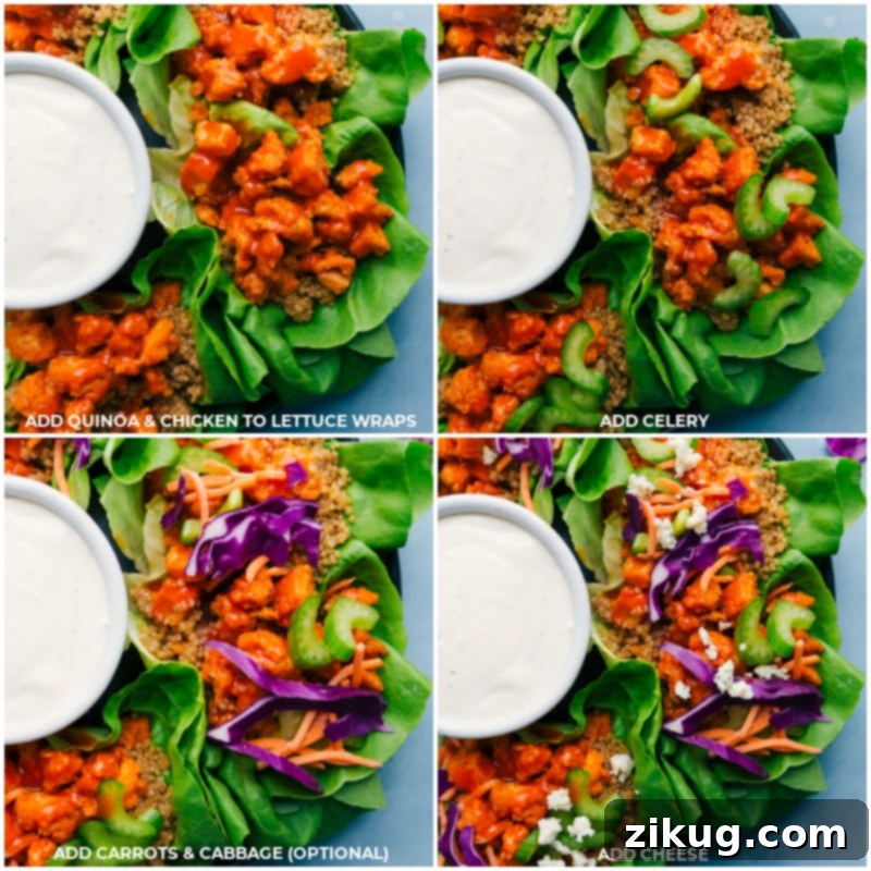 Process shots: assembling Buffalo Chicken Lettuce Wraps with quinoa, buffalo chicken, celery, carrots, cabbage, and crumbled cheese.