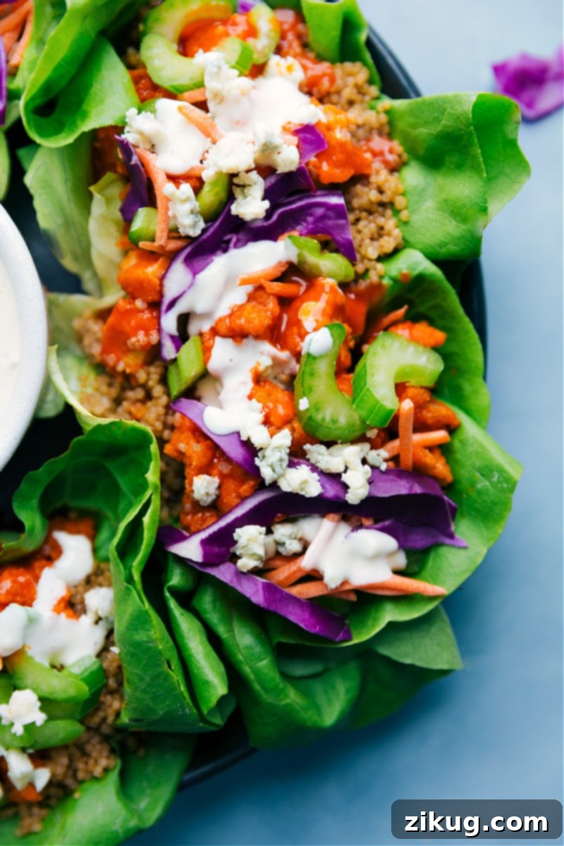 Overhead image of the assembled Buffalo Chicken Lettuce Wraps, drizzled with bleu cheese dressing.