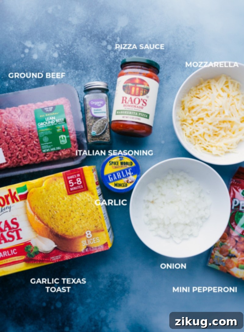 A vibrant spread of high-quality ingredients ready for crafting a savory and quick Texas Toast Pizza at home. All the fresh and essential ingredients laid out beautifully for making a delicious Texas Toast Pizza, including garlic toast, ground beef, pizza sauce, mozzarella, and seasonings.