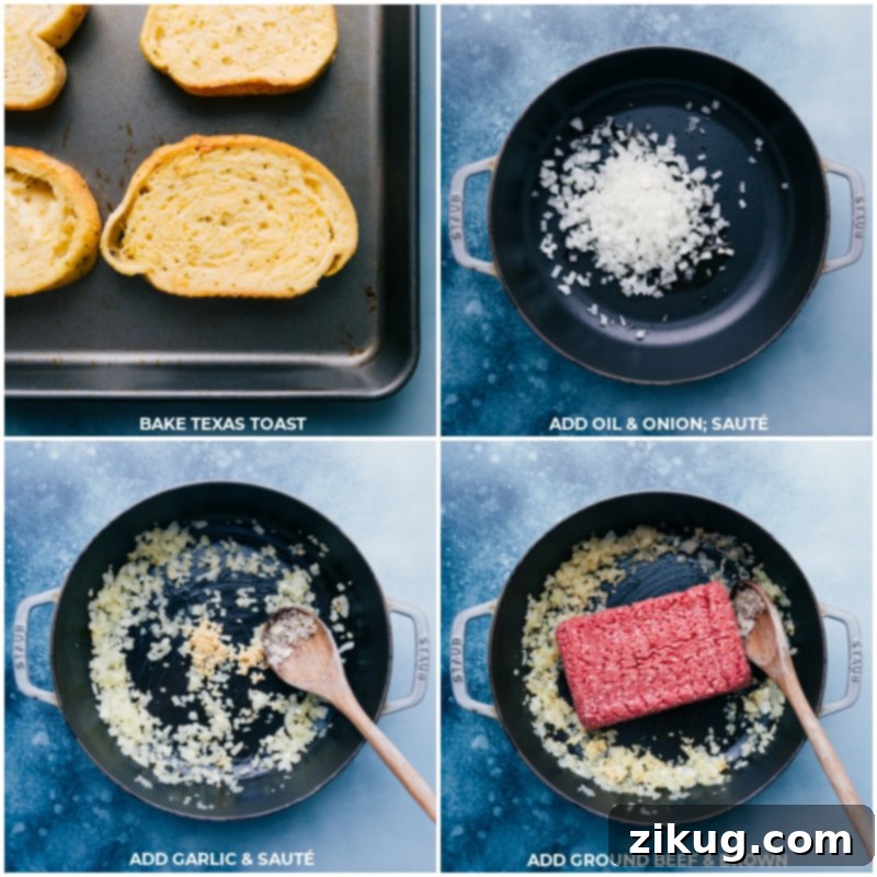 Visual guide for making a Quick Texas Toast Pizza: from simmering savory meat sauce to preparing the garlic bread for toppings. Step-by-step process of preparing Texas Toast Pizza: showing stages of browning ground beef, mixing with sauce and seasonings, then topping the pre-baked Texas toast slices.