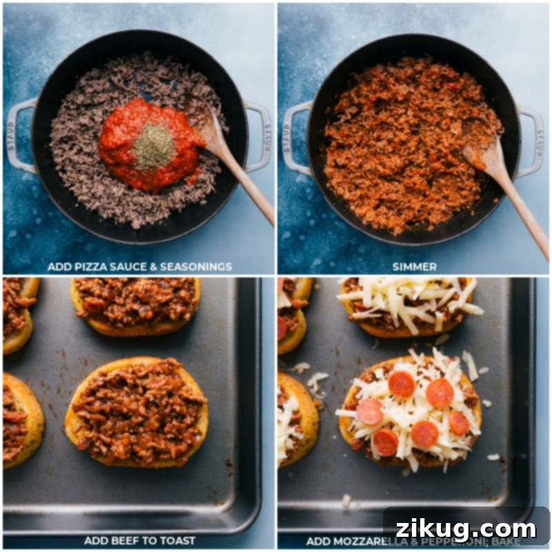 Golden-brown Texas Toast Pizza, baked to perfection with bubbling cheese and savory toppings, ready to enjoy. Process shots of assembling and baking Texas Toast Pizza: applying pizza sauce, ground beef, Italian seasoning, topping with mozzarella and pepperoni, and final baking.