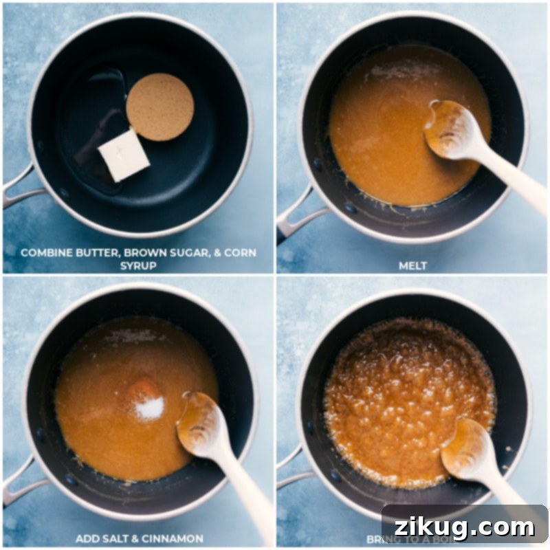 Process shots: combining ingredients for Churro Cheerios caramel sauce; melting together; adding salt and cinnamon; bringing to a boil, showing the initial steps for making this sweet cereal snack.