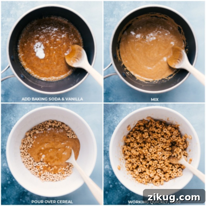 Process shots: add baking soda and vanilla to the syrup mixture; mix; pour over cereal; work quickly and toss to mix, showing how to coat the cereal for the Churro Cheerios.