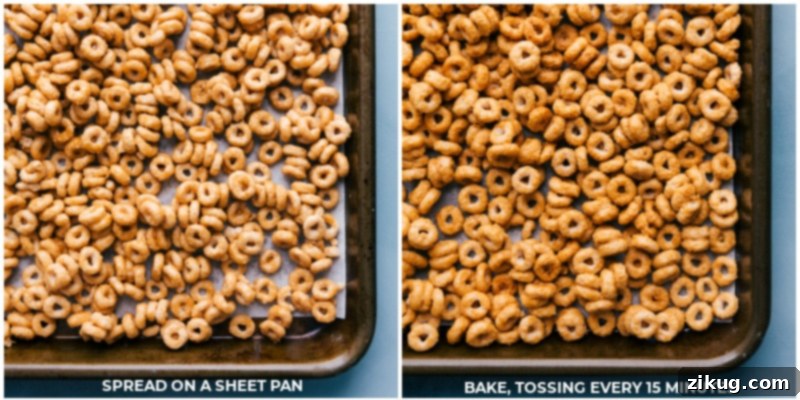 Spread cereal mixture on a sheet pan; bake and mix every 15 minutes to ensure even crispiness for the Churro Cheerios.