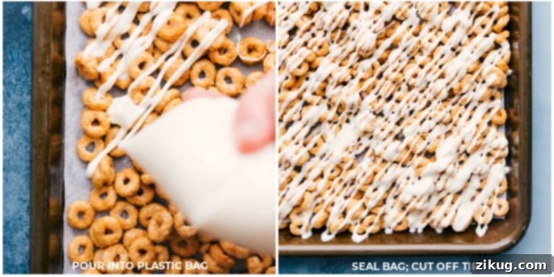Process shots: pour white chocolate into a plastic bag; seal bag and cut off the tip, demonstrating how to prepare the chocolate for drizzling.