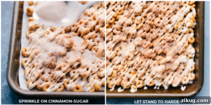 Process shots: Sprinkle on cinnamon-sugar mixture; let stand to harden, showing the final steps to create the perfect Churro Cheerios.