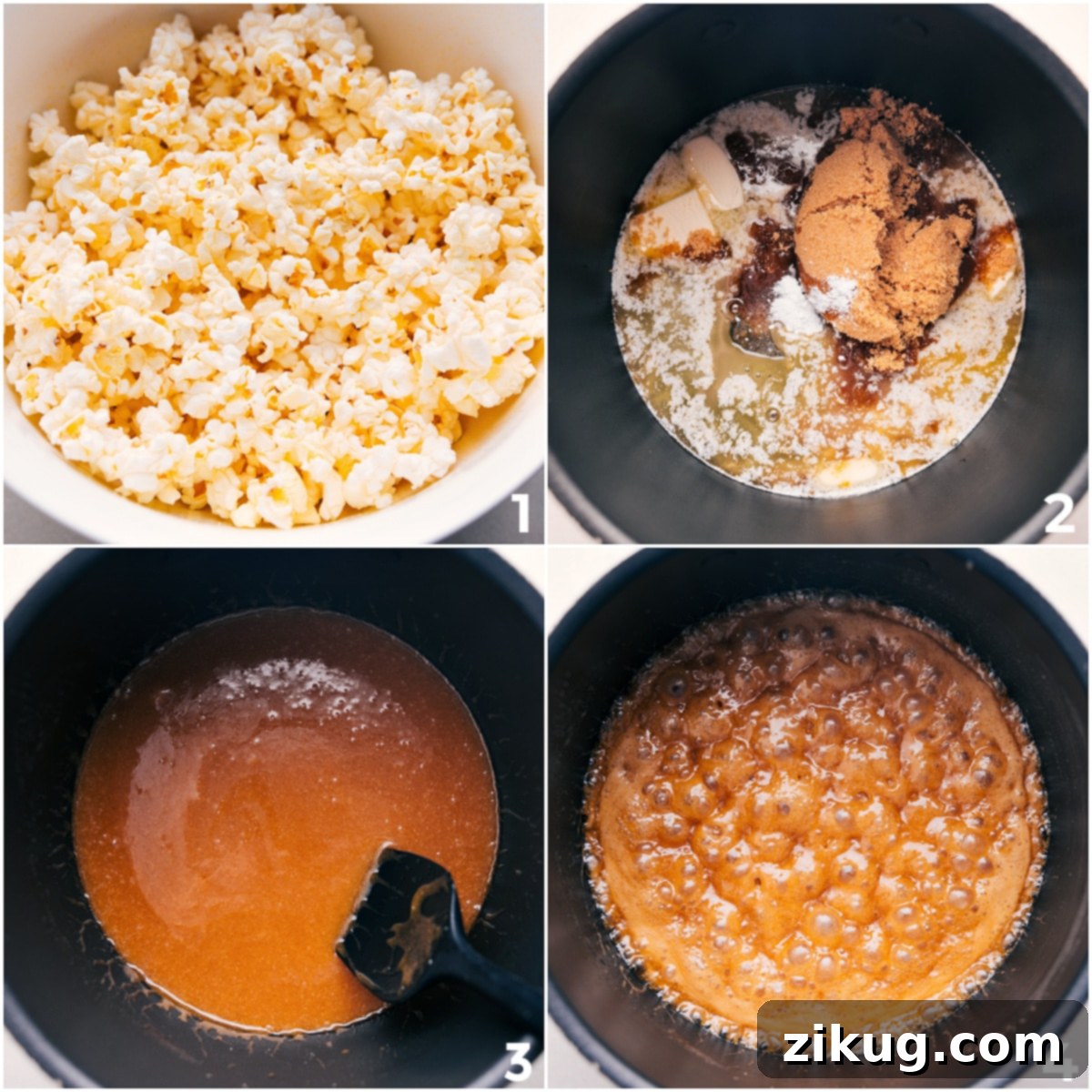 Pop the popcorn while making the caramel sauce by boiling sugar and butter together for this cinnamon roll popcorn.