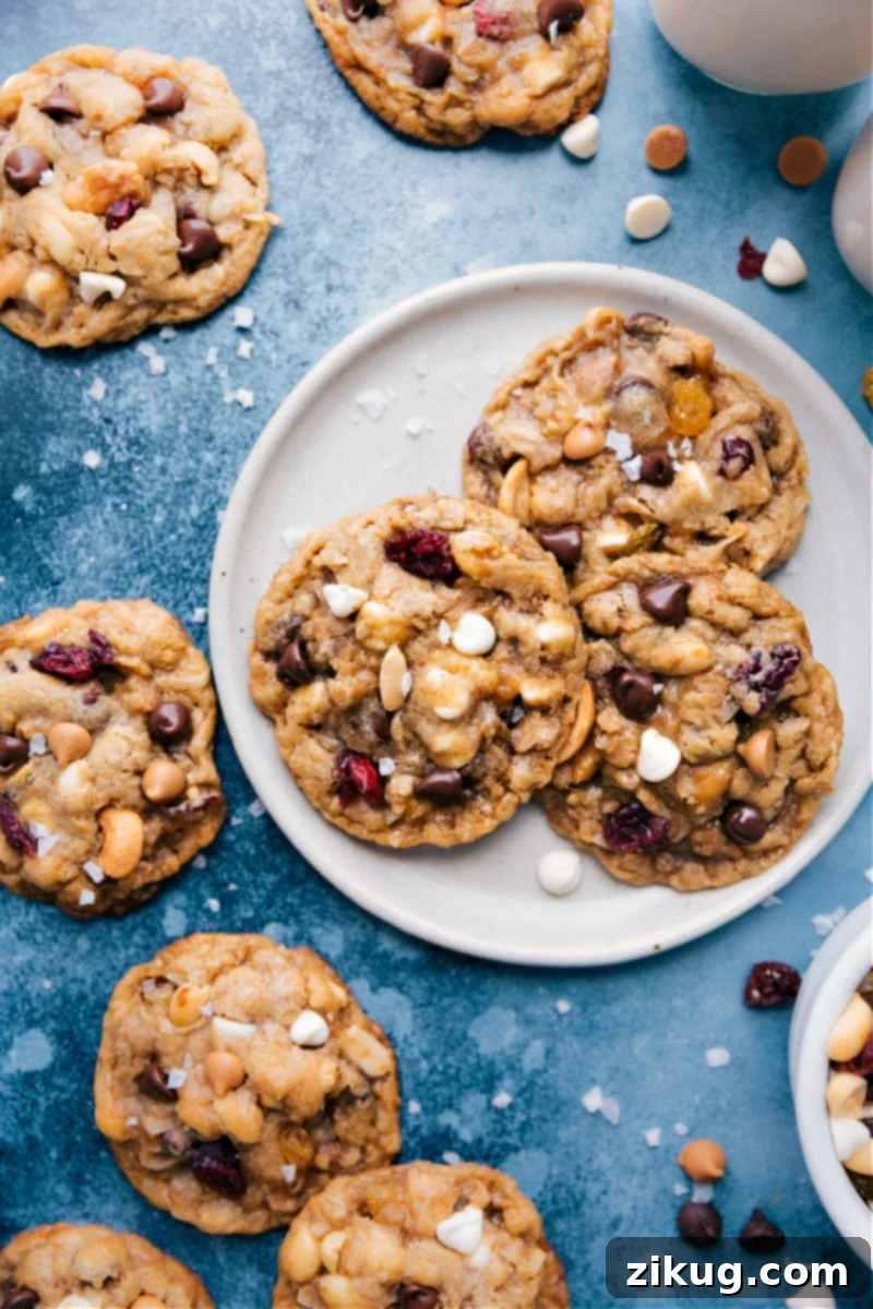 Delicious Trail Mix Cookies arranged beautifully on a plate, ready to be enjoyed.