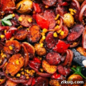 Finished one-skillet smoked sausage and potatoes with corn