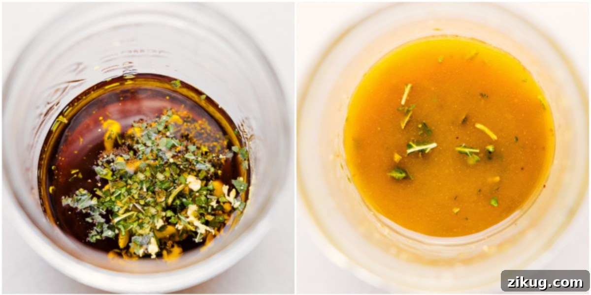 The delicious Summer Couscous Salad dressing being mixed in a mason jar, showing honey, olive oil, Dijon mustard, basil, and vinegar combined.