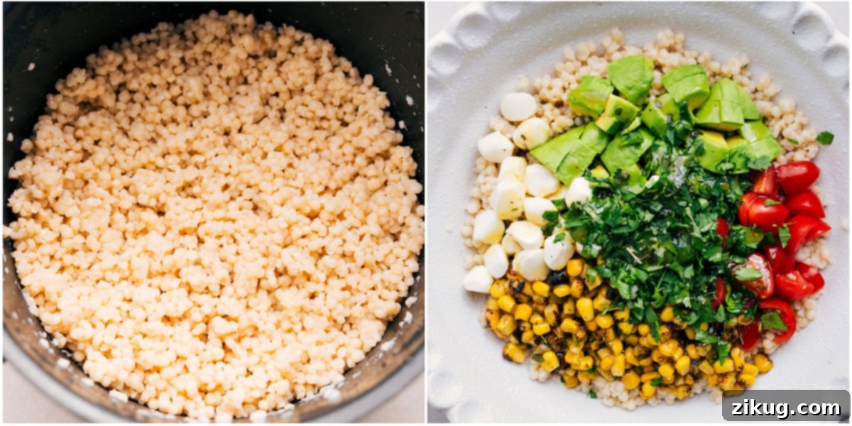 Pearl couscous being cooked and fluffed in a pan, a vital step before adding it to the Summer Couscous Salad ingredients.