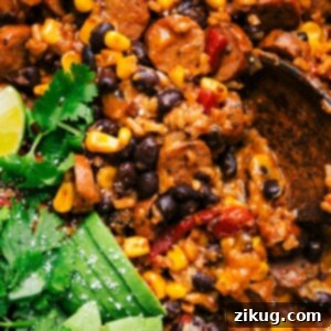 A close-up of the delicious One-Skillet Sausage and Rice meal, ready to serve.