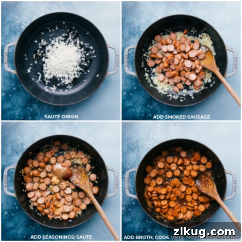 Cooking Steps for a Quick Sausage and Rice Dish Step-by-step process of cooking onions, browning sausage, adding seasonings, and pouring broth into the skillet for the one-skillet sausage and rice recipe.
